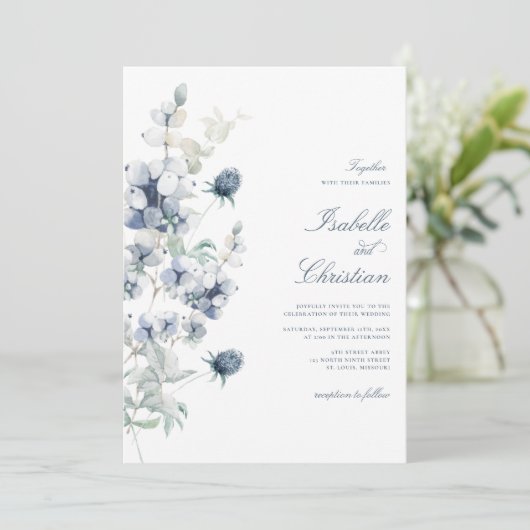 Faire-part de mariage floral bleu poussiéreux (Debout devant)