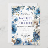 Faire-part de mariage floral bleu poussiéreux et b (Devant)