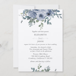 Faire-part de mariage floral bleu poussiéreux et g