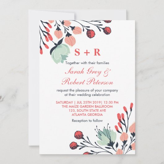 Faire-part de mariage floral bleu rouge rustique (Devant)