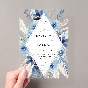 Faire-part de mariage floral bohème bleu poussiére