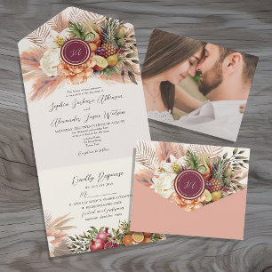 Faire-Part de Mariage Floral Boho Fruit Tout en Un