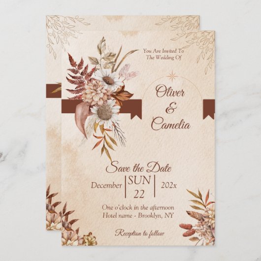 Faire-part de mariage Floral Boho Neutre Rustique (Devant / Derrière)