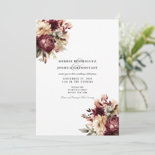 Faire-part de mariage floral bordeaux (Debout devant)