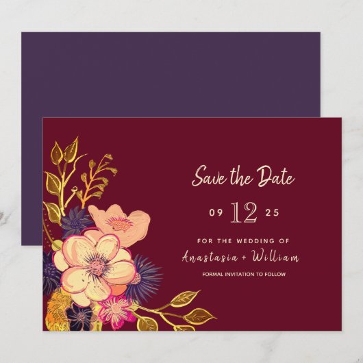 Faire-part de mariage floral bordeaux (Devant / Derrière)
