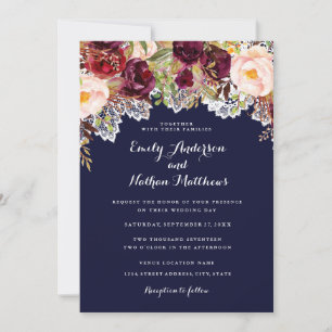 Faire-part de mariage floral bordeaux en dentelle