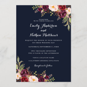 Faire-part de mariage floral bordeaux et marine po
