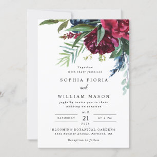 Faire-part de mariage floral bordeaux marine