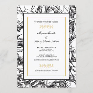 Faire-part de mariage floral botanique noir et or