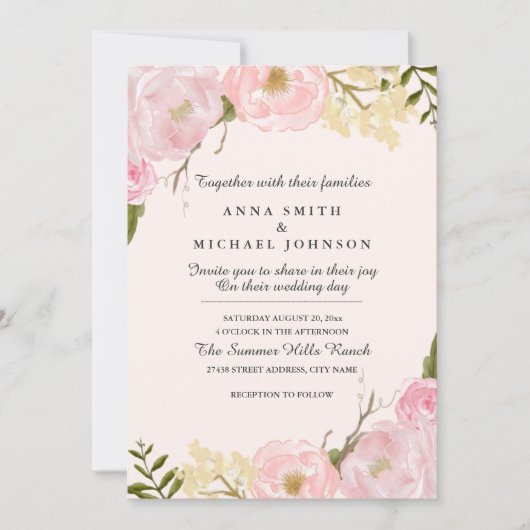 Faire-part de mariage floral botanique rose blush (Devant)