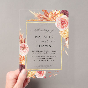 Faire-part de mariage floral Bourgogne doré et ros