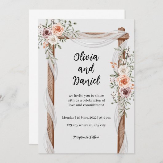 Faire-part de mariage floral Brown blanc (Devant / Derrière)