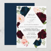 Faire-part de mariage floral Burgundy Navy et Blus (Devant / Derrière)