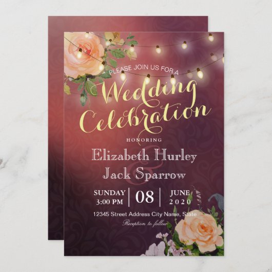 Faire-part de mariage Floral & Chaînes Lumières Bo (Devant / Derrière)