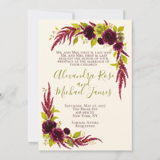 Faire-part de mariage floral Chartreuse et Bourgog (Devant)