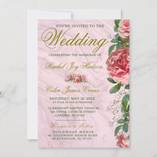 Faire-part de mariage floral classique aux tons ro (Devant)