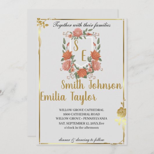 Faire-part de mariage Floral Classique Monogram Cr (Devant / Derrière)