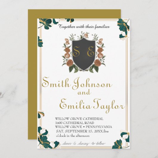 Faire-part de mariage Floral Classique Monogram Cr (Devant / Derrière)