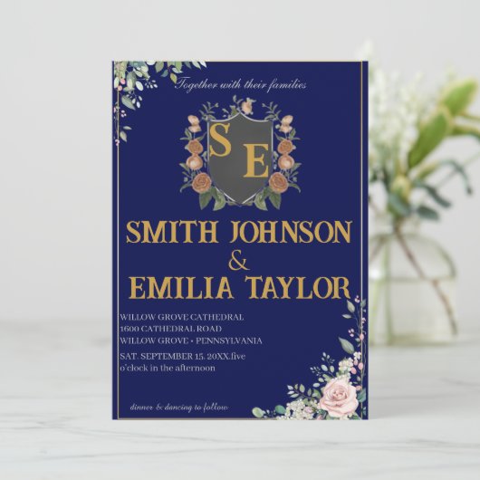 Faire-part de mariage Floral Classique Monogram Cr (Debout devant)