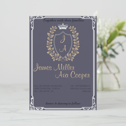Faire-part de mariage Floral Classique Monogram Cr (Debout devant)