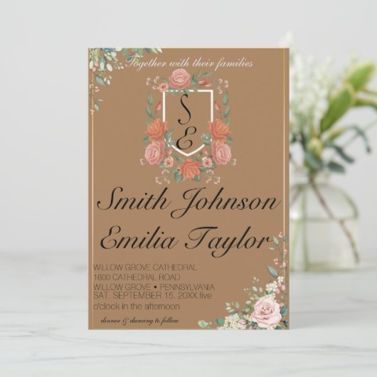 Faire-part de mariage Floral Classique Monogram Cr (Debout devant)