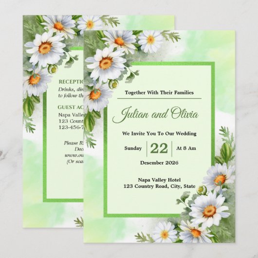 Faire-part de mariage floral Daisy Blanc Rustique (Devant / Derrière)