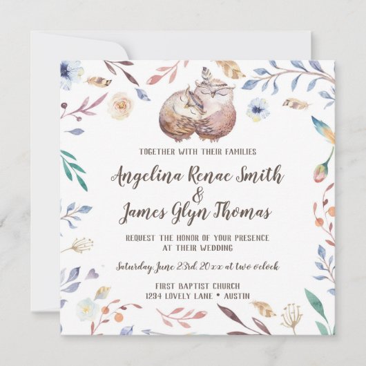 Faire-part de mariage floral de chouettes Boho Lov (Devant)
