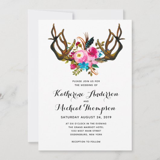Faire-part de mariage floral de Deer Antler (Devant)