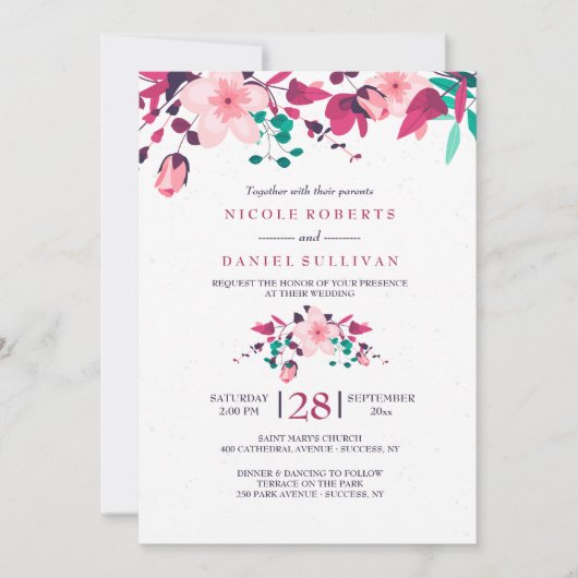 Faire-part de mariage floral d'inspiration rose (Devant)