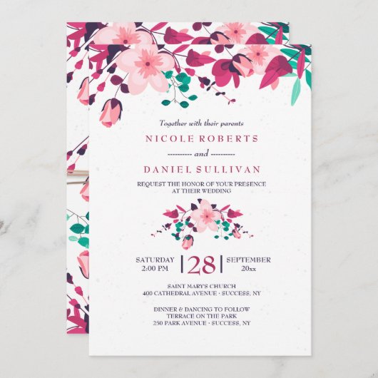 Faire-part de mariage floral d'inspiration rose (Devant / Derrière)