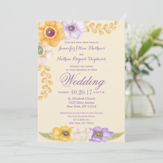 Faire-part de mariage floral d'or pourpre (Debout devant)