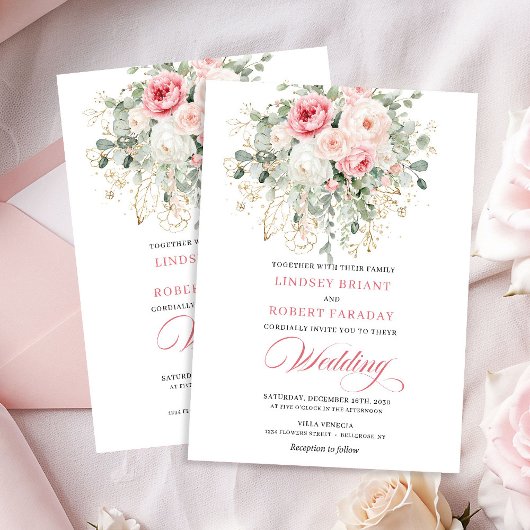 Faire-part de mariage floral doré Boho Blush Roses