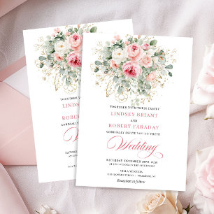 Faire-part de mariage floral doré et pivoine rose