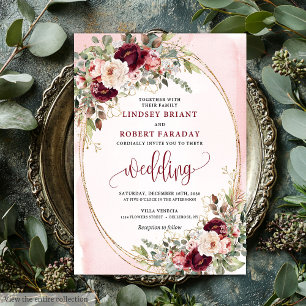 Faire-part de mariage floral doré rouge profond bo