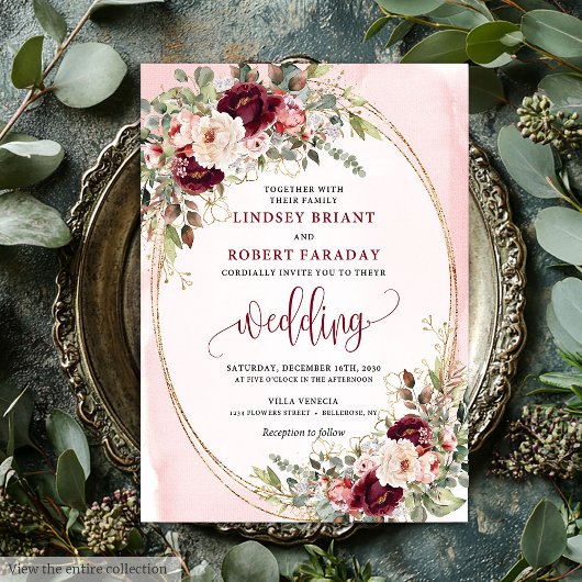 Faire-part de mariage floral doré rouge profond bo