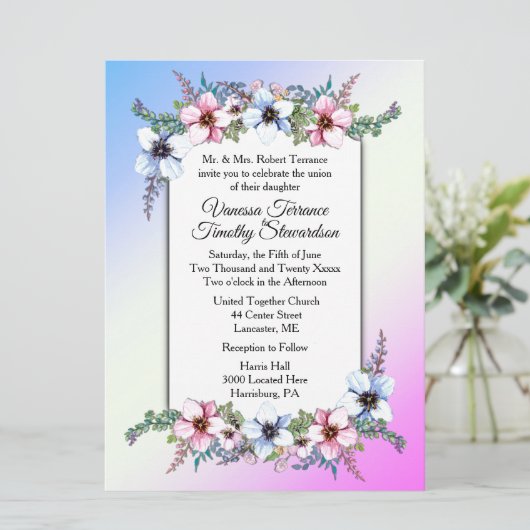 Faire-part de mariage floral double bleu / rose (Debout devant)