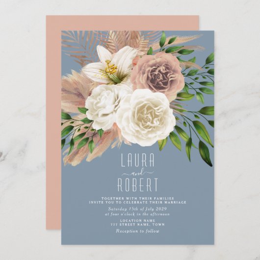 Faire-part de mariage floral Dusty Blue Boho (Devant / Derrière)