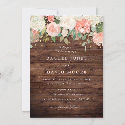 Faire-part de mariage floral en bois rustique en o (Devant)