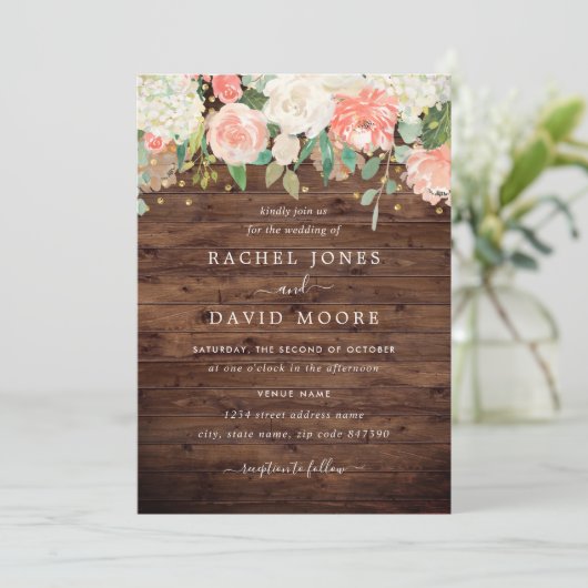 Faire-part de mariage floral en bois rustique en o (Debout devant)