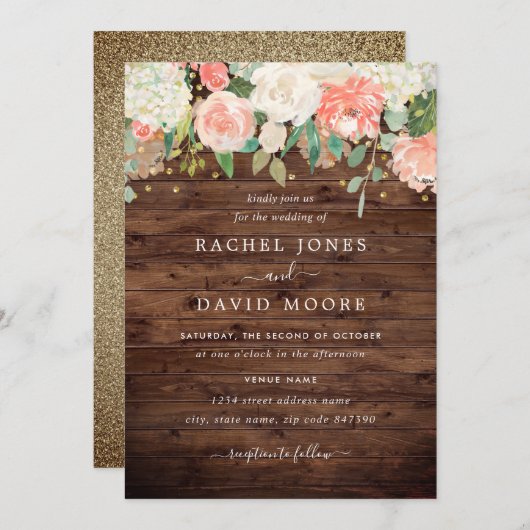 Faire-part de mariage floral en bois rustique en o (Devant / Derrière)