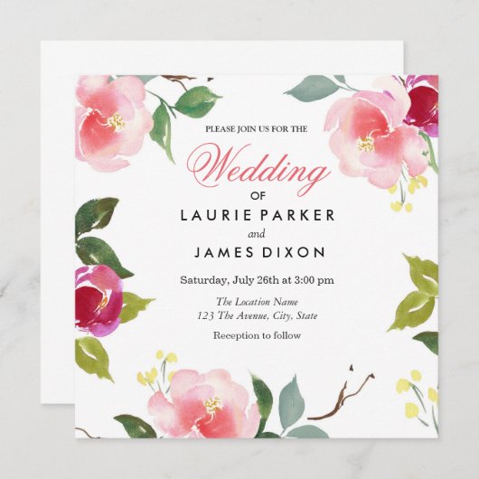 Faire-part de mariage floral en fleurs roses (Devant / Derrière)