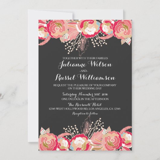 Faire-part de mariage floral et tableau noir rose (Devant)