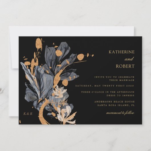 Faire-part de mariage Floral Exclusif Or Et Noir (Devant)
