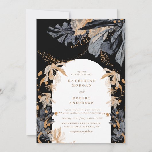 Faire-part de mariage Floral Exclusif Or Et Noir (Devant)