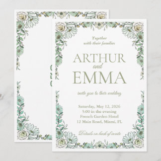 Faire-Part de Mariage Floral Français Vert Sauge T