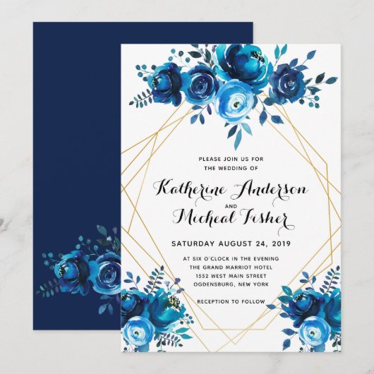 Faire-part de mariage floral géométrique bleu (Devant / Derrière)