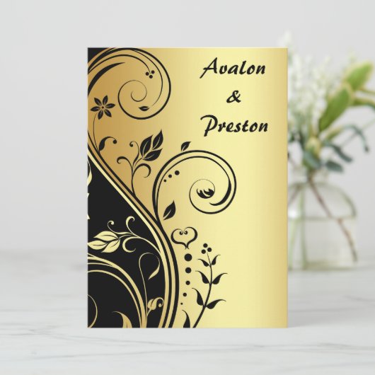 Faire-part de mariage Floral Gold & Black (Debout devant)