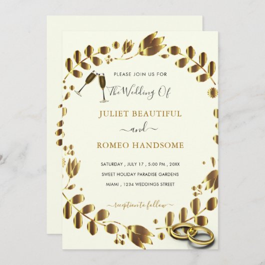 Faire-part de mariage Floral Gold QR Code (Devant / Derrière)