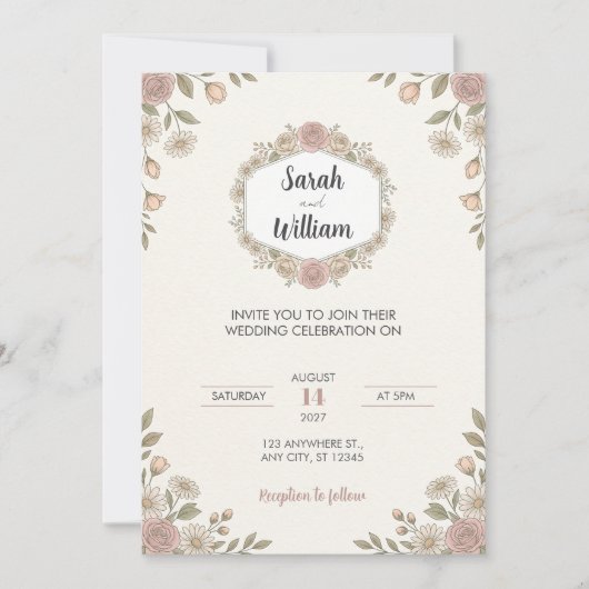 Faire-part de mariage floral hexagonal rose rose p (Devant)