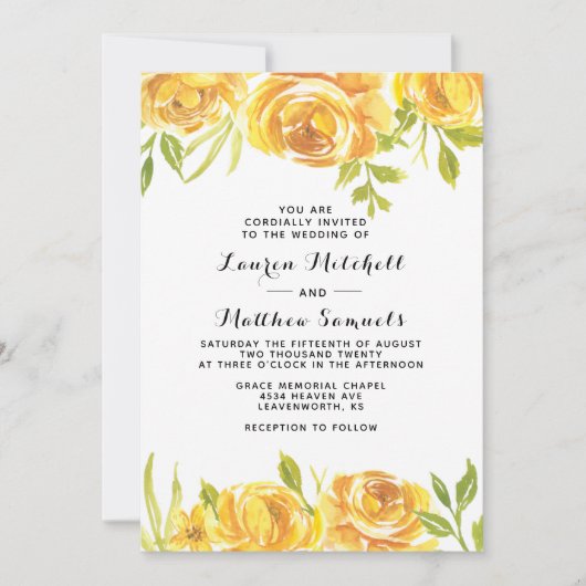 Faire-part de mariage floral jaune (Devant)